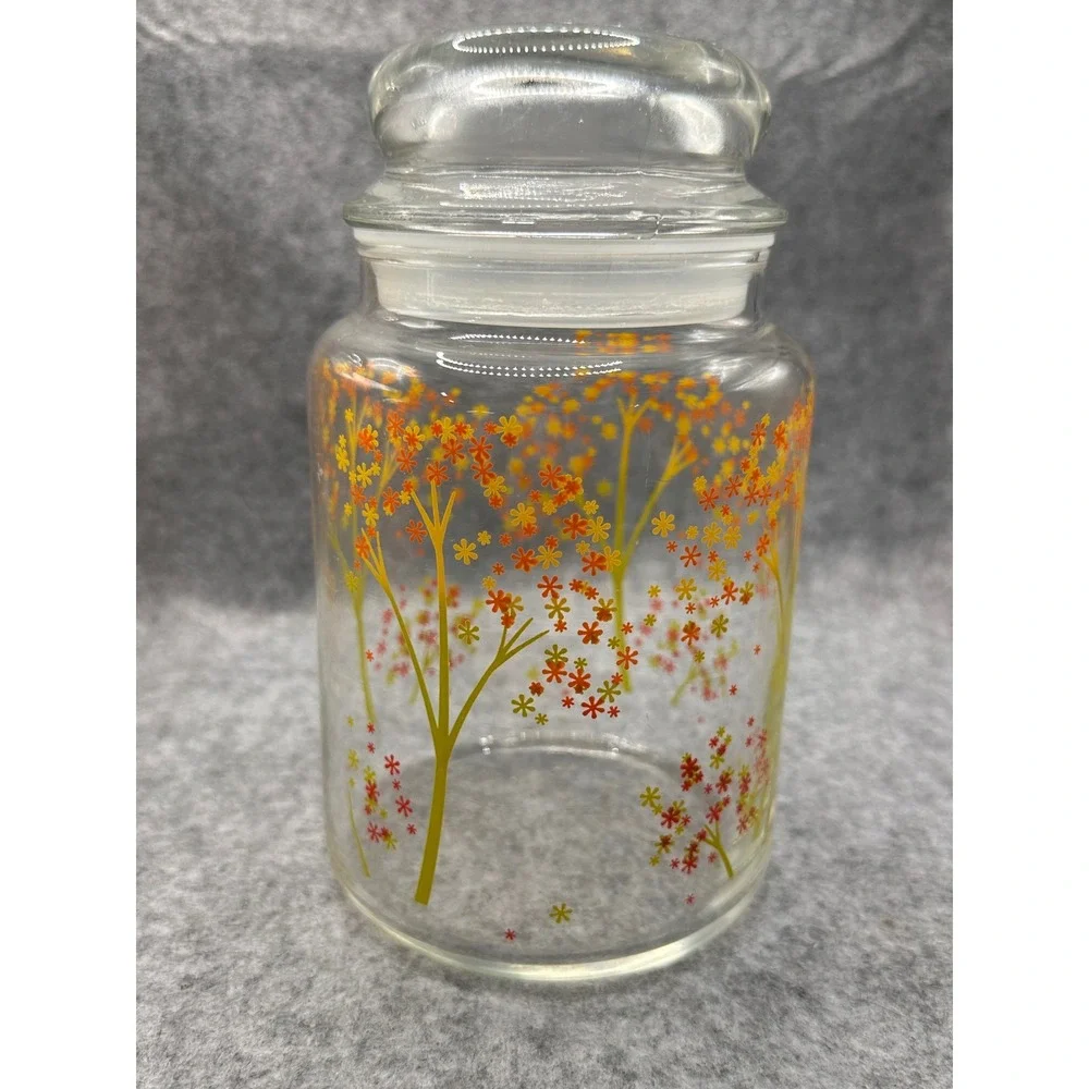 Vintage Glass Canister Set 3 Autumn Floral Tree Orange Yellow Red USA Made